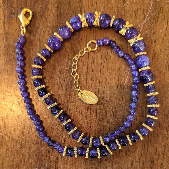 Stauer Genuine Amethyst Beaded Necklace Graduated with Gold Plated Spacers - Picture 11 of 12